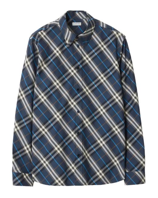 Burberry Blue Check-Pattern Cotton Shirt for men
