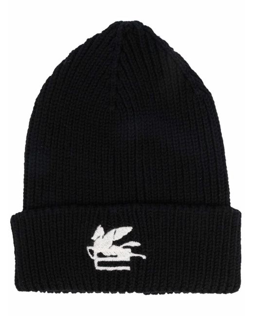 Etro Black Embroidered-logo Knitted Beanie for men