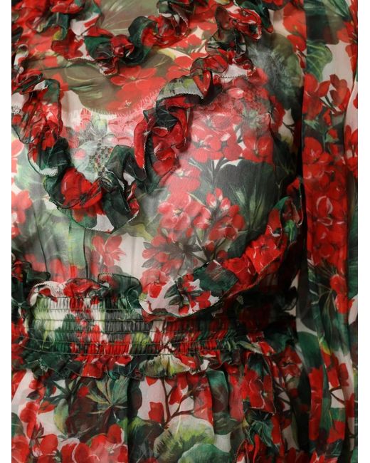 Dolce & Gabbana Red Ruffled Floral-Print Asymmetric Dress