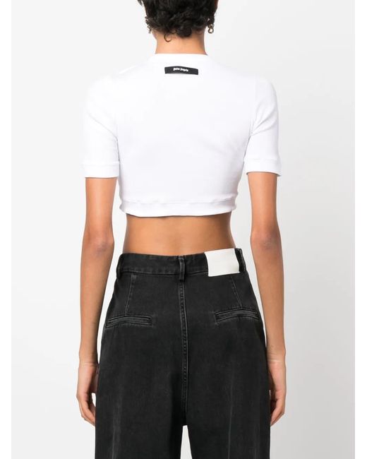 Palm Angels White Logo-Patch Cropped T-Shirt