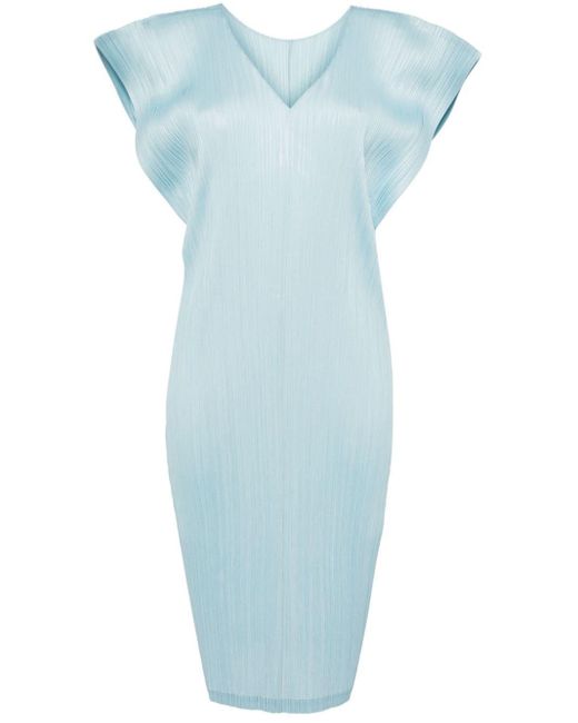 Robe mi-longue plissée à col v Pleats Please Issey Miyake en coloris Blue
