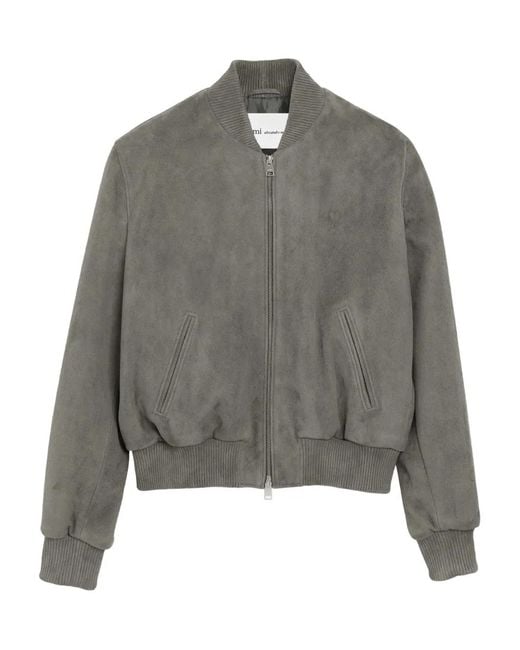 AMI Gray Goat Leather Ami De Coeur Zipped Jacket for men