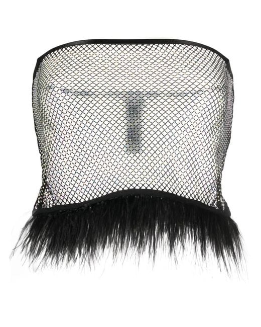 Patrizia Pepe Black Feather-Trim Rhinestone Mesh Top
