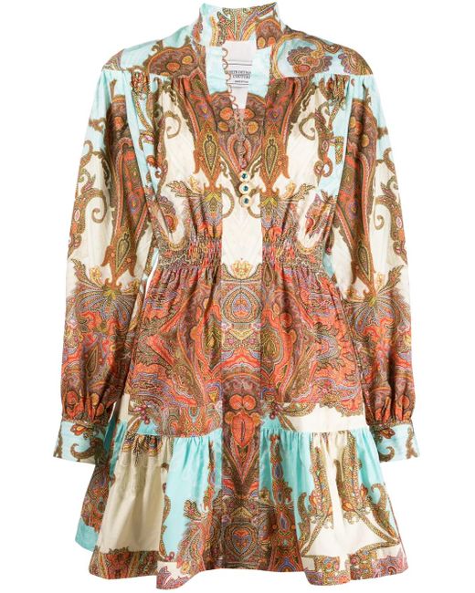 Forte Blue Paisley-Print Long-Sleeve Cotton Dress