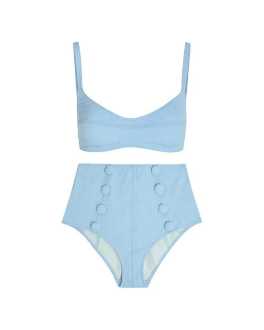 Lisa Marie Fernandez Blue Button-Embellished Seersucker Bikini