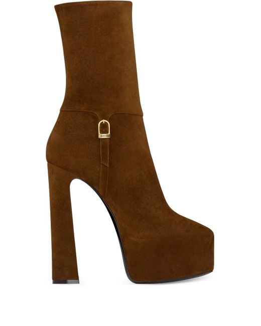 Saint Laurent Brown Platform Block-Heel Lambskin Boots