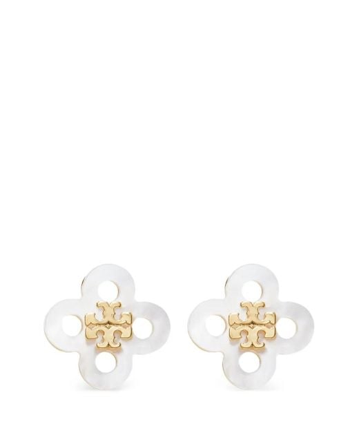 Tory Burch White Forget Me Not Clover Stud Earrings