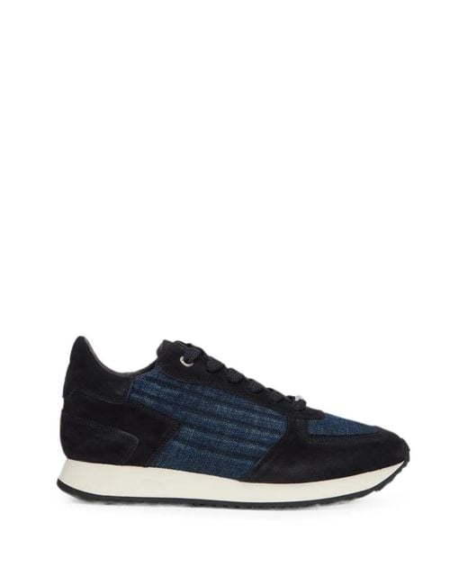 Moorer Blue Leather Denim-Insert Sneakers