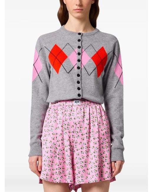MSGM Gray Argyle-Pattern Button-Up Cardigan