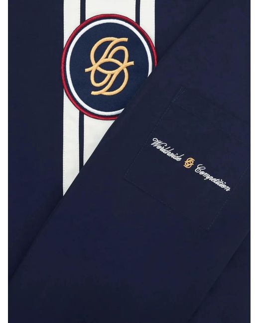 Drole de Monsieur Blue Stripe-Pattern Logo-Patch Jacket for men