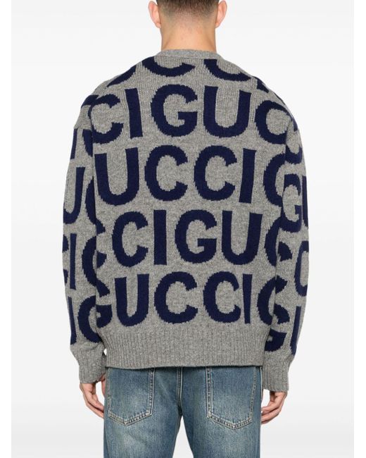 Gucci Blue Wool Cardigan With Intarsia for men