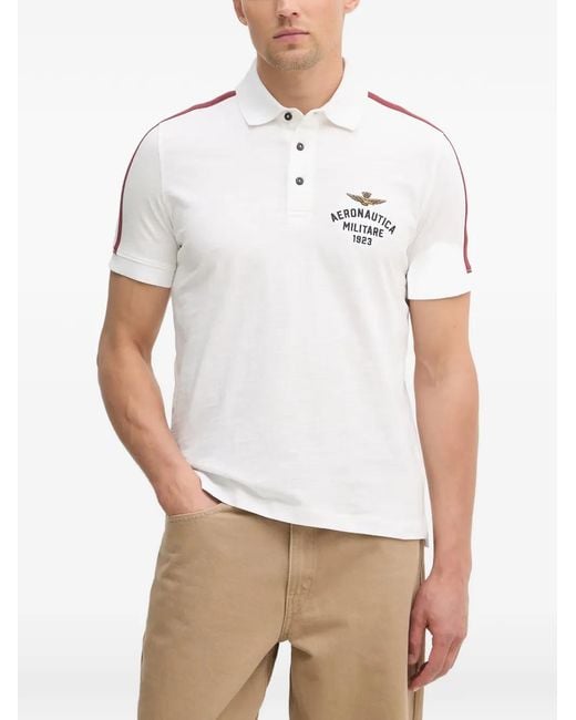Aeronautica Militare White Logo-Embroidered Side-Stripe Polo Shirt for men