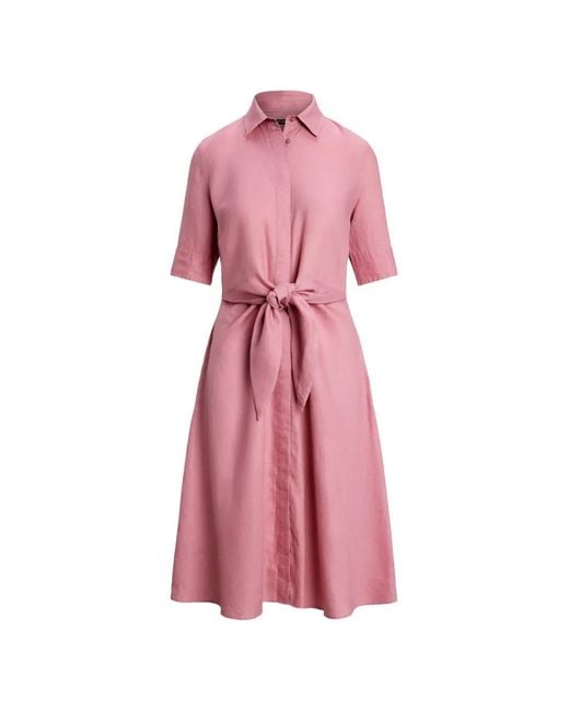 Ralph Lauren Pink Robe-Chemise En Lin À Coupe Mi-Longue