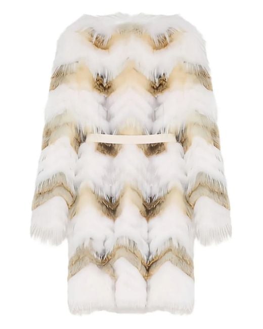 Yves Salomon Natural Chevron-Pattern Belted Coat