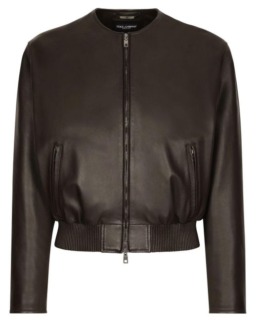 Veste bomber en cuir à design sans col Dolce & Gabbana pour homme en coloris Black
