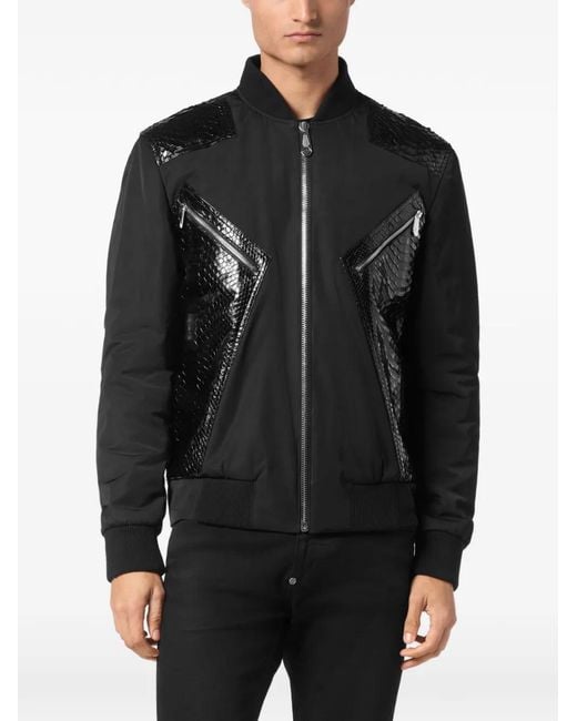 Philipp Plein Black Python-Leather-Panelled Bomber Jacket for men