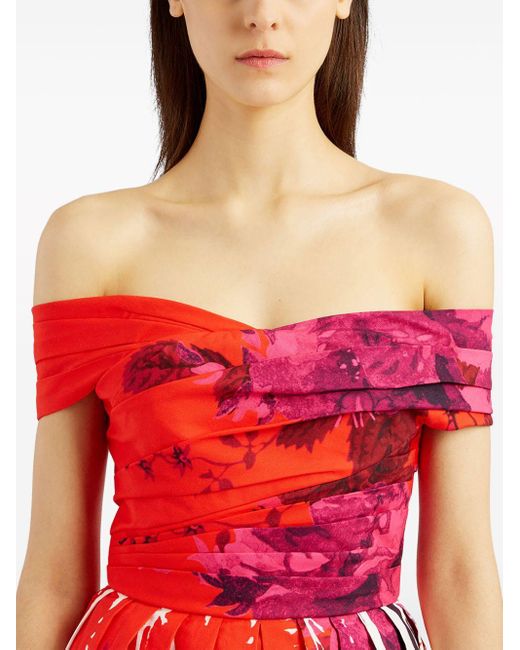 Erdem Red Schulterfreies Kleid mit Blumen-Print