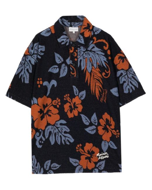 Maison Kitsuné Blue Floral-print Towelling-finish Polo Shirt for men