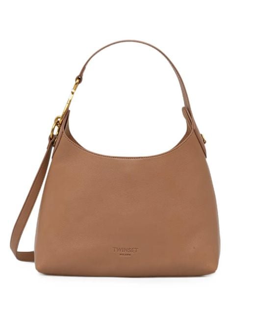 Twinset Brown Small Logo-Debossed Leather Tote Bag