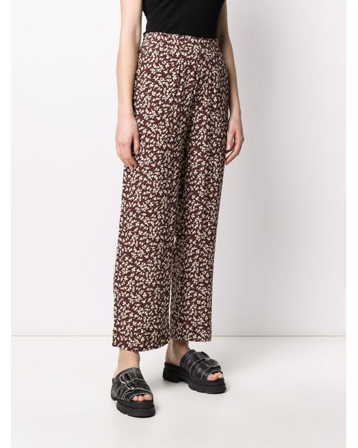 Ganni Cropped Floral Print Trousers In Brown Lyst