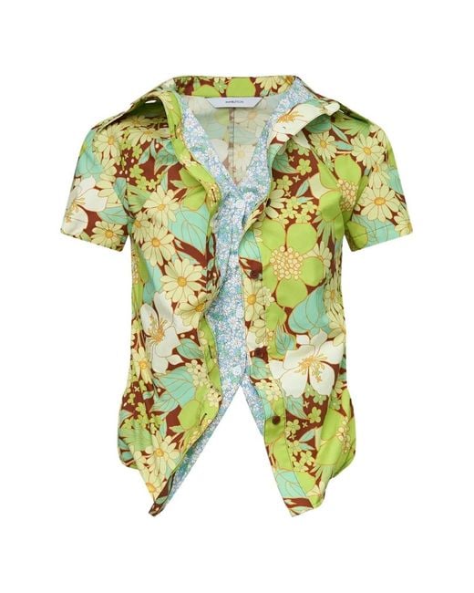 Pushbutton Green Floral-Print Layered-Design Shirt