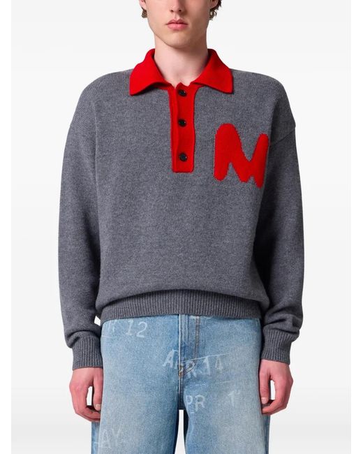 MSGM Gray Logo-Patch Button-Up Polo Shirt for men