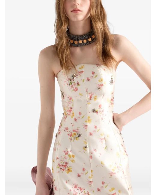 Prada Natural Floral-Print Embellished Mini Dress