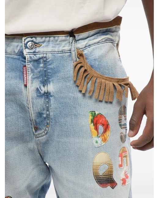 DSquared² Blue Fringe-Detail Patchwork Jeans for men