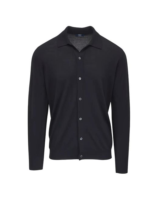 Fedeli Blue Long-Sleeve Wool Knit Shirt for men