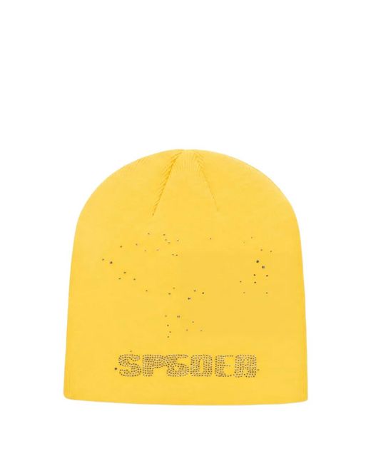Sp5der Yellow Skully Rhinestone-Embellished Beanie Hat for men