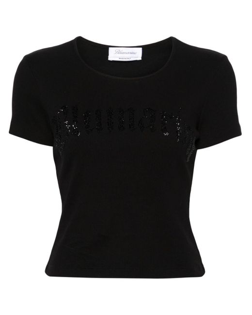 Blumarine Black Geripptes T-Shirt mit Strass