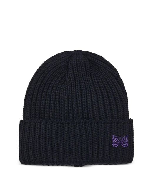 Needles Blue Ribbed Butterfly Beanie for men