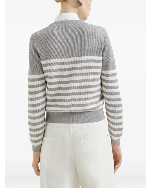 Brunello Cucinelli White Sparkling Cotton Striped English Rib Sweater With Monili