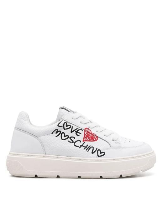 Love Moschino White Logo-Print Leather Sneakers