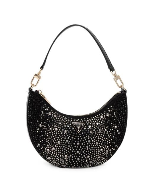 Guess Black Crystal-Embellished Crescent-Shape Shoulder Bag