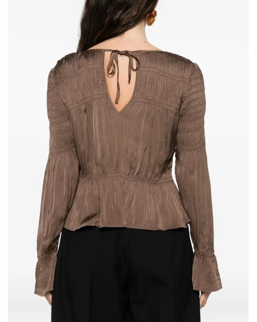 By Malene Birger Brown Smocked-Effect Long-Sleeve Blouse