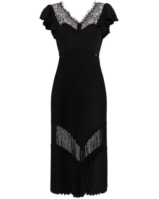 Nissa Black Lace-detailed Pleated Midi Dress