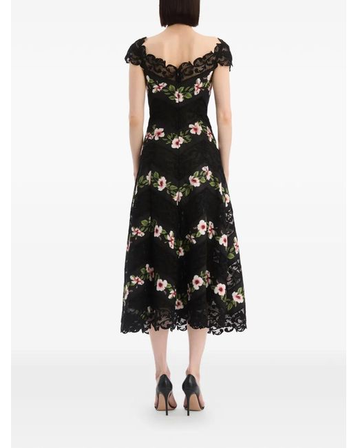 Oscar de la Renta White Chiné Hibiscus Striped Faille Midi Dress
