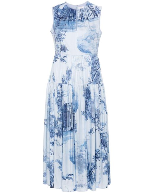 Erdem Blue Tree-print Midi Dress