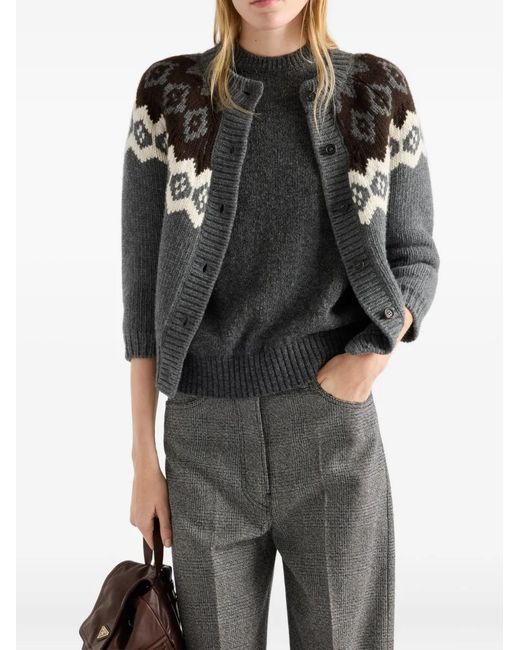 Prada Gray Cardigan En Maille Intarsia