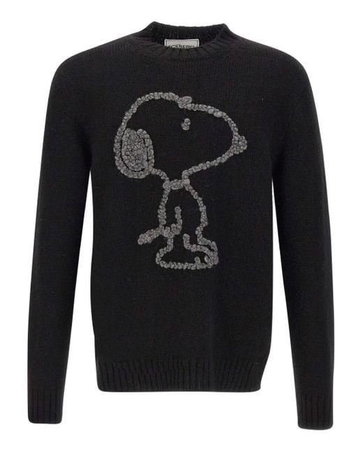 Iceberg Black Snoopy-Embroidered Crew-Neck Sweater for men