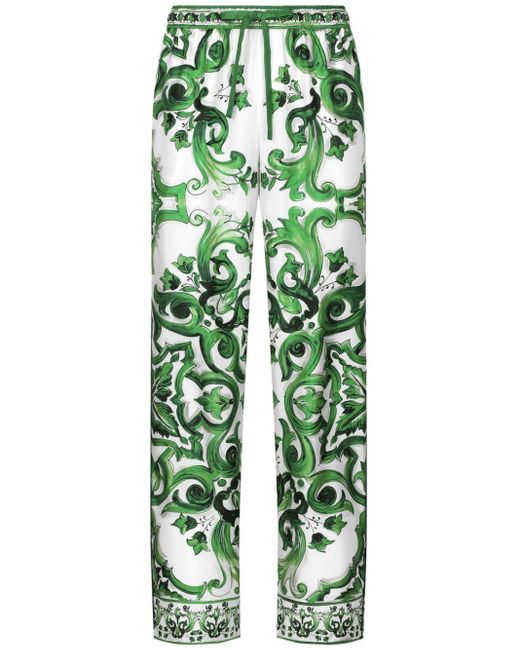 Dolce & Gabbana Green Silk Twill jogging Pants With Majolica Print for men