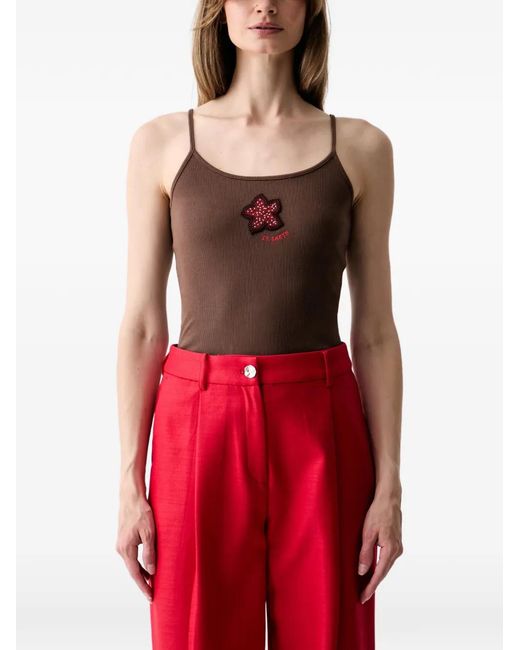 Mc2 Saint Barth Red Zaira Beaded-Starfish-Patch Ribbed Top