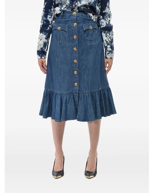 Valentino Garavani Blue Ruffled Button-Front Midi Skirt