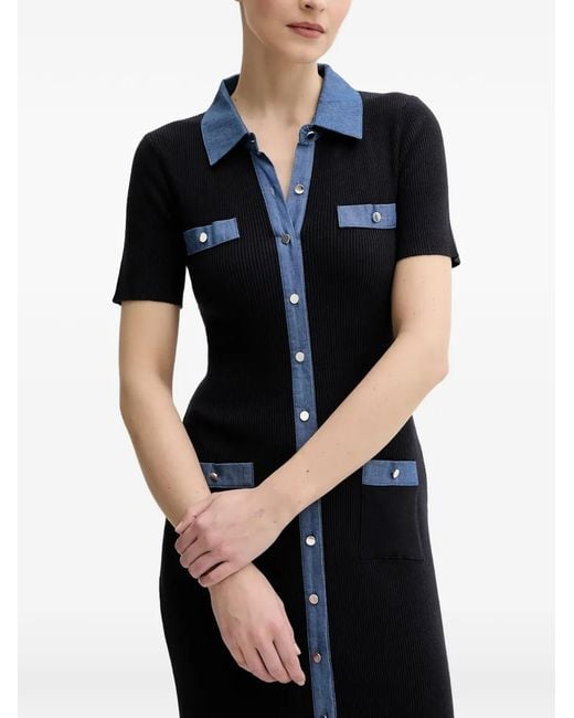 Morgan Black Denim-Panel Button Midi Dress
