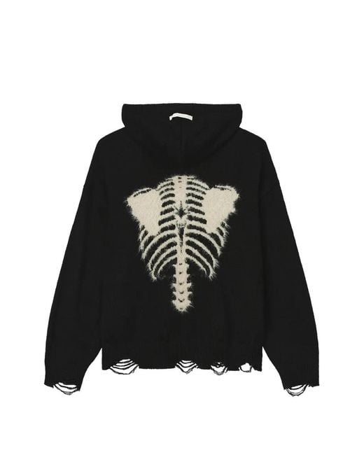 FIVE CM Black Skeleton-Motif Distressed Hoodie for men