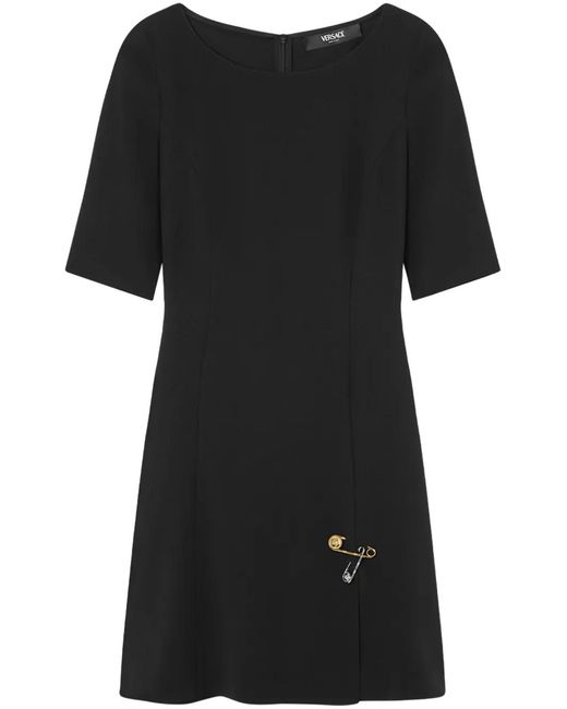 Versace Black Safety Pin Flared Matte Satin Mini Dress