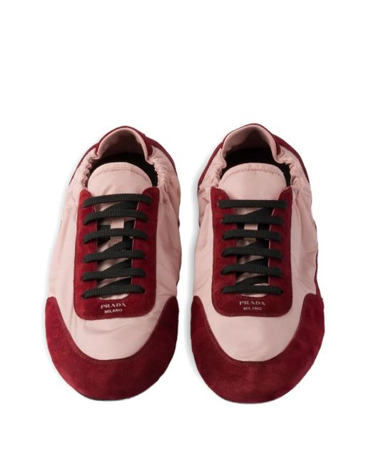 Prada Red Suede-Panel Lace-Up Sneakers