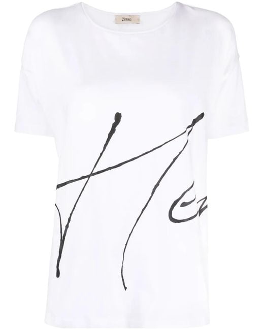 Herno White Crew-Neck Logo-Print T-Shirt