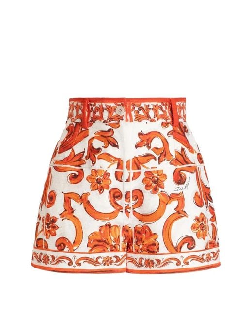 Dolce & Gabbana Red Maiolica-Print Pressed-Crease Shorts